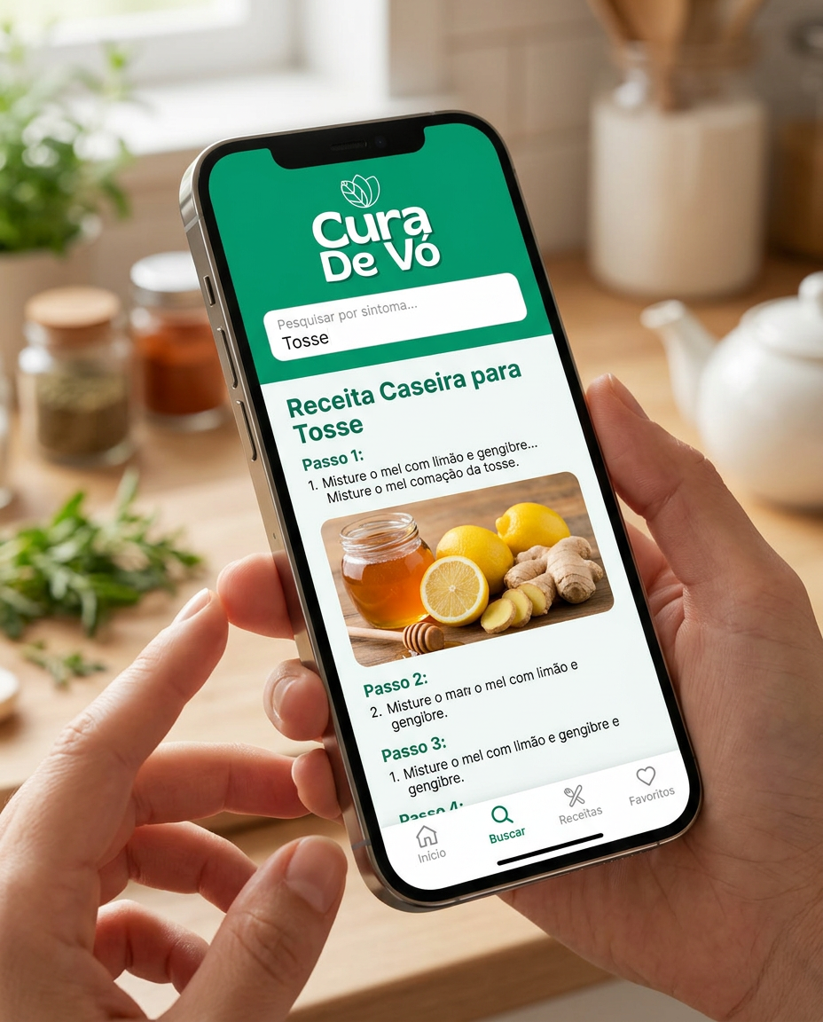 Celular mostrando o aplicativo Cura de Vó com busca pelo sintoma tosse e receita caseira com mel, limão e gengibre